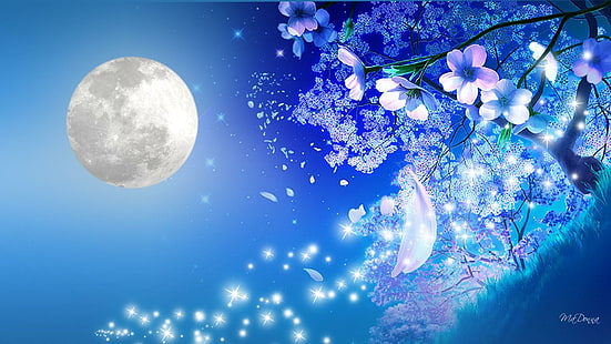 Noites ternura azul, romântico, flores de cerejeira, grama, brilhante, concurso, flores, flores de maçã, sakura, azul, pétalas, HD papel de parede HD wallpaper