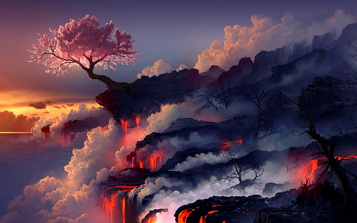природа пейзаж фэнтези арт огонь деревья дым лава вишневый цвет произведение искусства цифровое искусство альбом fightstar произведение искусства, HD обои