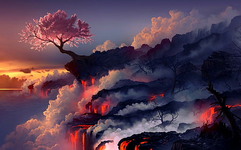 طبيعة المناظر الطبيعية الخيال فن النار الأشجار دخان الحمم البركانية زهر الكرز الأعمال الفنية الرقمية الفن fightstar الألبوم الفني، خلفية HD HD wallpaper