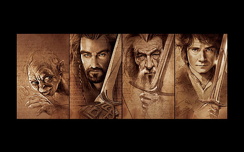four Lord of the Rings character illustrations, swords, Gollum, Gandalf, The Hobbit, Bilbo, Thorin, HD wallpaper HD wallpaper