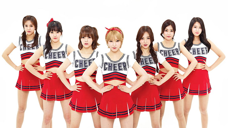 biało-czerwony kostium cheerleaderek damski, AOA, K-pop, kobiety, Azjatki, Hyejeong, Chanmi, Choa, Kwon Mina, Yuna Seo, Seolhyun, cheerleaders, Jimin, Tapety HD