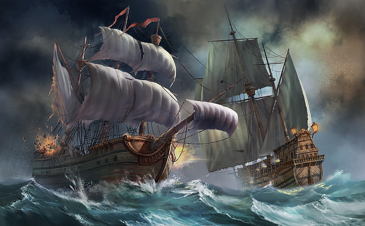 two sailing ships on body of water illustration, ships, sea, storm, explosion, HD wallpaper