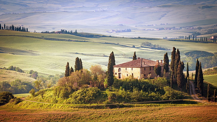 tuscany, podere belvedere, italy, europe, villa podere belvedere, val dorcia, valdorcia, house, cottage, hills, fields, cypress, cypresses, HD wallpaper