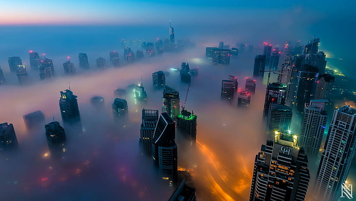 Города, Дубай, Здание, Город, Туман, Ночь, Небоскреб, HD обои