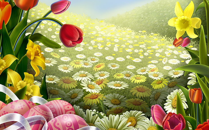 bed of flower photo, field, eggs, tulips, Easter, Chamomile, HD wallpaper