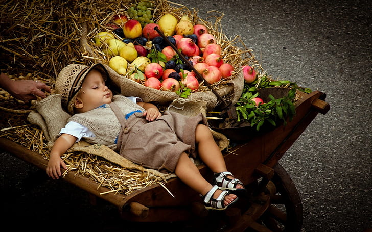 Cute boy sleeping, stroller, fruits, baby's white top, brown wicker hat; brown pants and white sandals], Cute, Boy, Sleeping, Stroller, Fruits, HD wallpaper