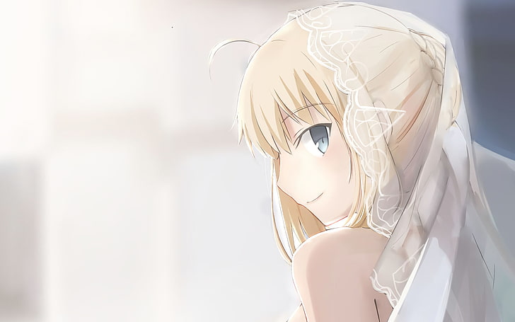 saber, bride, wedding dress, blonde, fate stay night, profile view, Anime, HD wallpaper