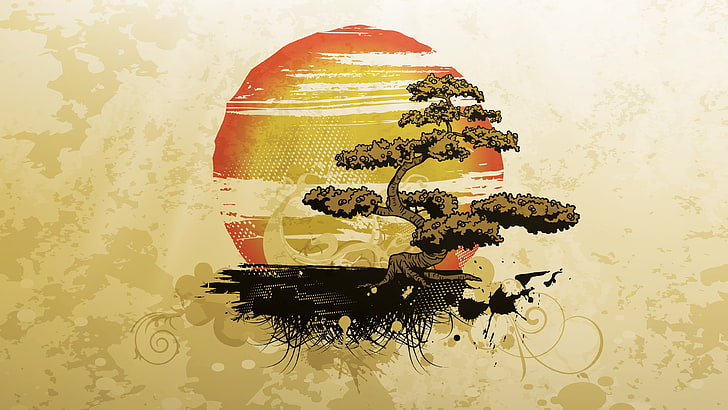 arte orientale dell'albero, illustrazione di alberi e tramonto, arte digitale, grunge, bonsai, arte vettoriale, arancione, beige, Sfondo HD