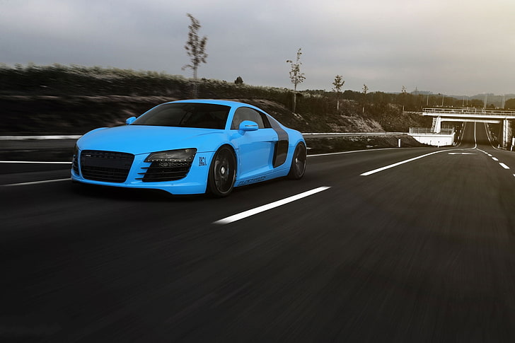 blue and black Audi R8 coupe, road, the sky, clouds, Audi, markup, blue, speed, HD wallpaper