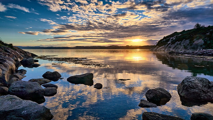 sunrise, stones, shore, Norway, Rogaland, Førdefjord, HD wallpaper
