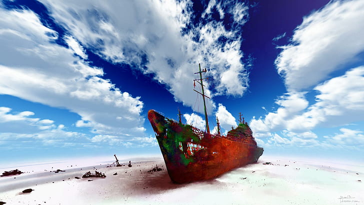 Vast, cant-think-of-a-fourth, rust, clouds, beach, sand, shipwreck, HD wallpaper