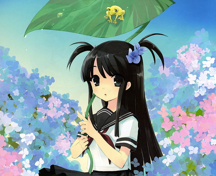 Anime, Original, Cheveux noirs, Fleur, Grenouille, Feuille, Cheveux Longs, Fond d'écran HD