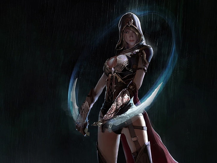 mujer sosteniendo papel tapiz de arma con cuchilla, guerrero, armadura de fantasía, Fondo de pantalla HD