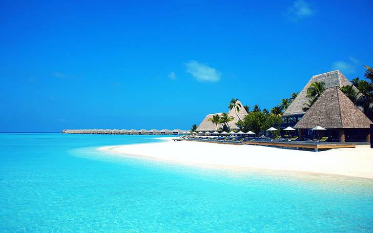モルディブの楽園、モルディブ、空、海、砂、バンガロー、ビーチ、ヤシの木、休暇、楽園、 HDデスクトップの壁紙