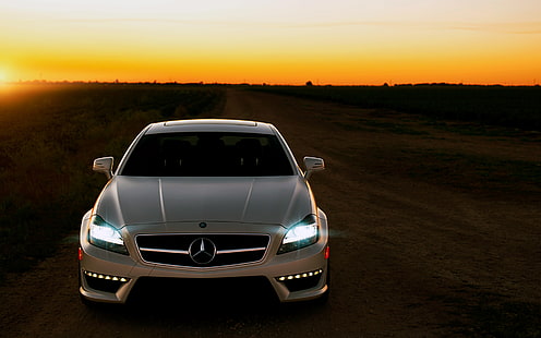 Mercedes Benz CLS 63 AMG blanche, voiture Mercedes-Benz grise, voitures, Mercedes, coucher de soleil, Fond d'écran HD HD wallpaper