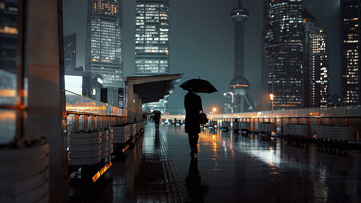 비, 비오는 밤, 밤, 우산, 실루엣, 스트리트 뷰, 거리, 젖은, 비가 오는, 비오는, 루자 쭈이, 푸동, 상하이, 아시아, 중국, HD 배경 화면