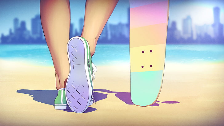 green-and-gray sneakers and multicolored surfboard illustration, anime, ENM, feet, Converse, legs, beach, skateboard, people, skateboarding, shoes, drawing, skyline, HD wallpaper