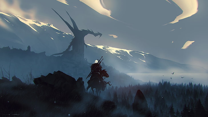 homme chevauchant un cheval face à la peinture de montagne enneigée, art fantastique, guerrier, The Witcher 3: Wild Hunt, Fond d'écran HD