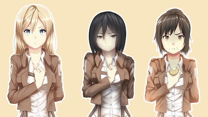 세 여성 애니메이션 캐릭터 일러스트, 애니메이션, 애니메이션 소녀들, Shingeki no Kyojin, Mikasa Ackerman, 블라우스 사샤, HD 배경 화면