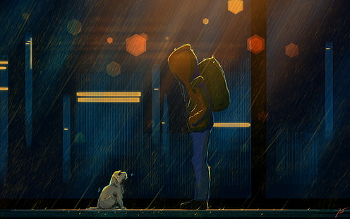 Художественный, Мальчик, Собака, Дождь, Сад, HD обои HD wallpaper
