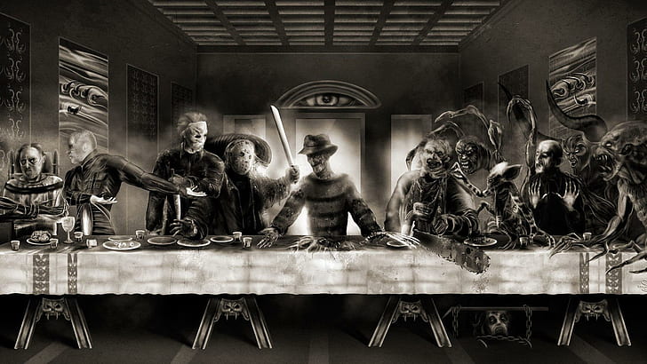 Тайната вечеря на ужасите, тематична на ужасите последна вечеря, дигитално изкуство, 1920x1080, извънземно, върколак, последна вечеря, Фреди Крюгер, Ханибал Лектър, Гремлин, HD тапет