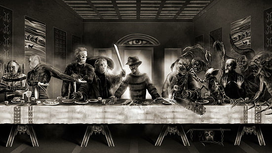 Horror Last Supper, horror themed last supper, digital art, 1920x1080, alien, werewolf, last supper, freddie krueger, hannibal lecter, gremlin, HD wallpaper HD wallpaper