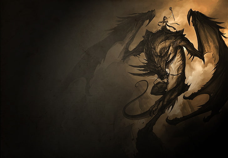black and gray dragon illustration, fantasy art, dragon, creature, staff, artwork, HD wallpaper