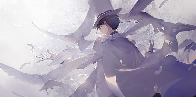 detective conan, kaitou kid, birds, magician, cape, closed eyes, back view, Anime, HD wallpaper HD wallpaper