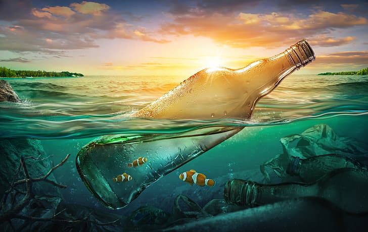sea, fish, garbage, the ocean, bottle, pollution, ocean, HD wallpaper