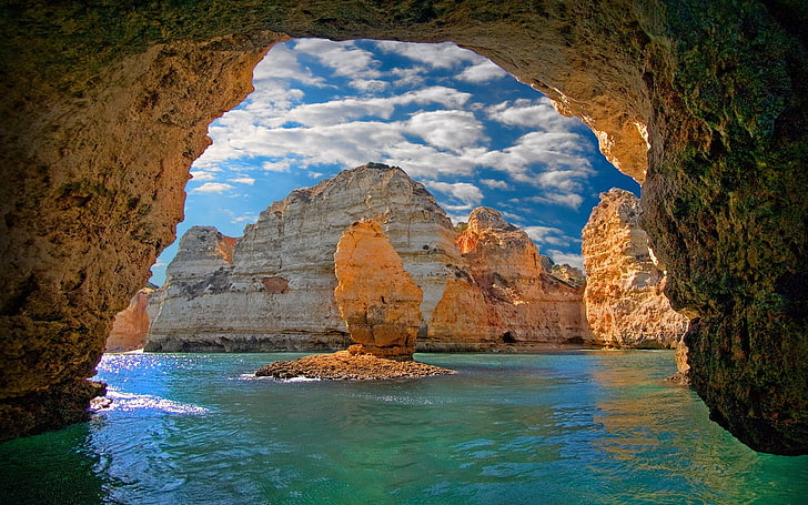 갈색 암석, 자연, 풍경, 동굴, 바다, 섬, 구름, 포르투갈, 침식, 물, HD 배경 화면