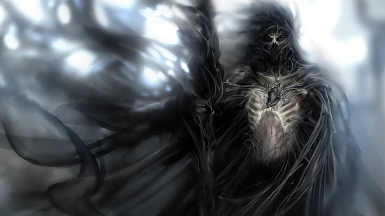 sfondo di guerriero ombra, morte, cuore, fantasy art, Grim Reaper, teschio, dark fantasy, Sfondo HD HD wallpaper