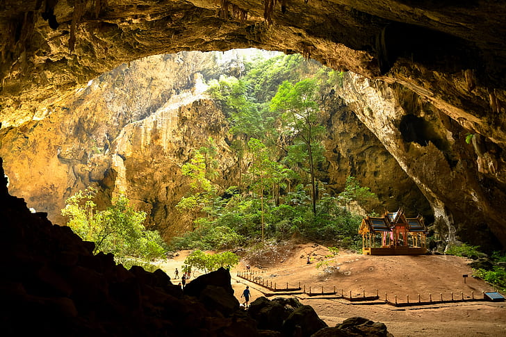 the sun, trees, stones, people, rocks, Thailand, cave, gazebo, Phraya Nakhon Cave, HD wallpaper