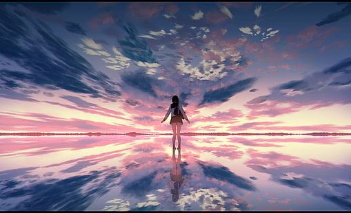 аниме, аниме девушки, небо, отражение, солнечный свет, HD обои HD wallpaper