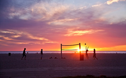Венецианский пляж, Лос-Анджелес, Калифорния, США, закат, волейбол, люди, Венеция, Пляж, Анджелес, Калифорния, США, закат, волейбол, люди, HD обои HD wallpaper