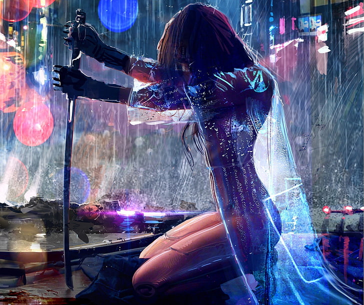 wanita dengan wallpaper pedang, wanita, karya seni, prajurit, pedang, hujan, cyberpunk, Cyberpunk 2077, cyan, ungu, Wallpaper HD