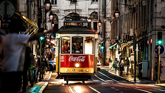 транспорт, трамвай, Португалия, Лисабон, превозно средство, град, улица, Европа, кабинков лифт, обществен транспорт, вечер, в центъра, HD тапет HD wallpaper