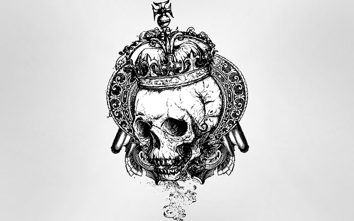 illustrazione del cranio, teschio, sfondo grigio, arte vettoriale, corona, Sfondo HD