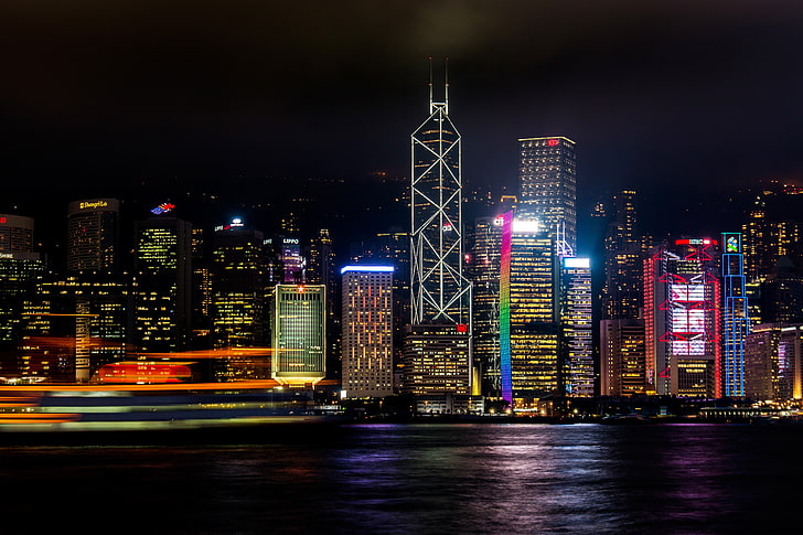 високи сгради, Хонг Конг, небостъргачи, нощ, бряг, HD тапет