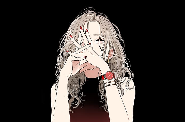 hands, bracelet, black background, shoulders, long hair, manicure, wrist watch, portrait of a girl, HD wallpaper