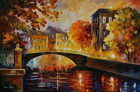 brown bridge near buildings painting, autumn, trees, landscape, home, the bridge, Leonid Afremov, city, HD wallpaper HD wallpaper