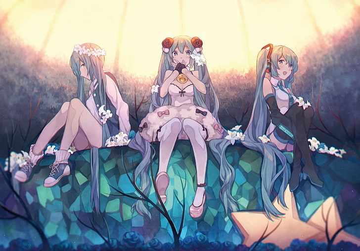 illustration de trois personnages féminins de dessins animés, hauts de cuisse, Vocaloid, Hatsune Miku, filles de dessins animés, cheveux longs, fleurs, twintails, Fond d'écran HD
