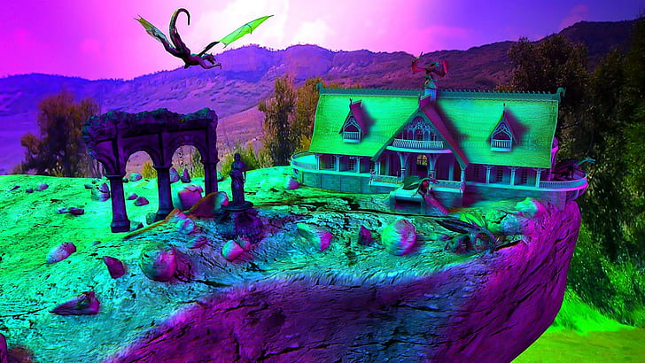 L de dragões, roxo, azul, casa, linda, ruínas, montanhas, dragões, fantasia, 3d e abstrato, HD papel de parede
