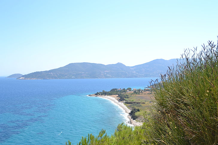 landscape, Samos, goats, Mediterranean, Greece, boat, yachts, rock, mountains, HD wallpaper