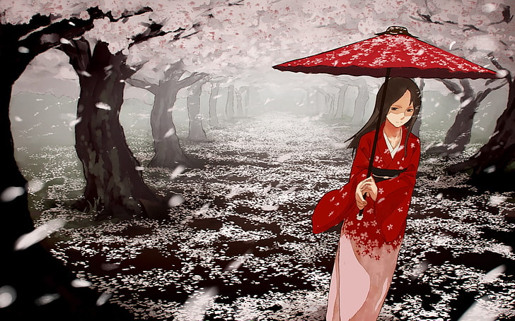 mujer sosteniendo paraguas papel tapiz, mizu asato, niña, kimono, paraguas, caminando, Fondo de pantalla HD