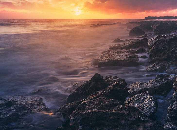 matahari terbenam, laut, batu, air, Wallpaper HD