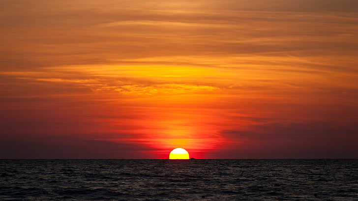 playa, puesta de sol, horizonte, mar, barco, Fondo de pantalla HD