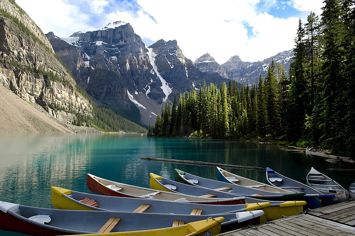 Lakes, Moraine Lake, Boat, Canoe, Mountain, HD wallpaper
