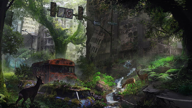 Science-Fiction, postapokalyptische, Hirsch, Ruine, Stream, Baum, Wildtiere, HD-Hintergrundbild