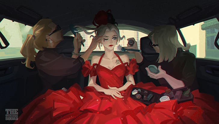 DereK Jiang, arte, Harley Quinn, ArtStation, mulheres, maquiagem, vestido, vestido vermelho, interior do carro, roupas vermelhas, batom vermelho, garotas com tinta, HD papel de parede