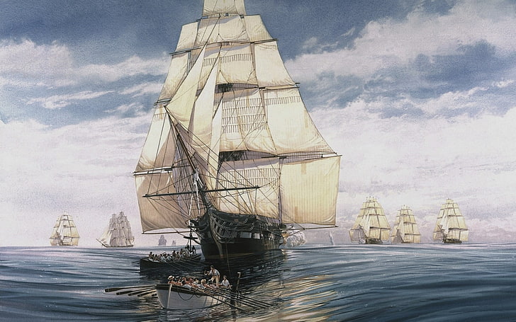 لوحة سفينة بالأبيض والأسود ، سفينة شراعية ، فرقاطات ، عمل فني ، رجال ، رسم، خلفية HD